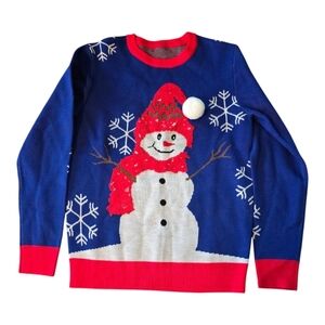 Christmas Ugly Sweater Women Small Blue Red Snowman Flakes Embellished Holiday